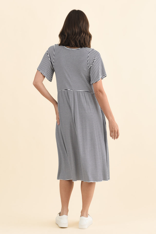 Donna Navy Stripe Gathered Dress,Brunette model,alt text|model:MJ image 7