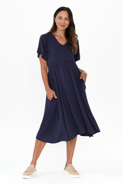Donna Navy Stripe Gathered Dress