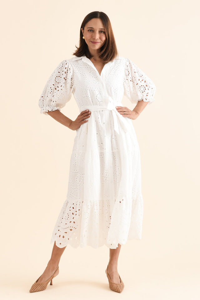 Donnie White Cotton Embroidered Dress,Full Body,Brunette model,alt text|model:Cara image 2