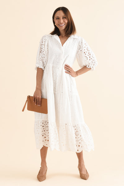 Donnie White Cotton Embroidered Dress