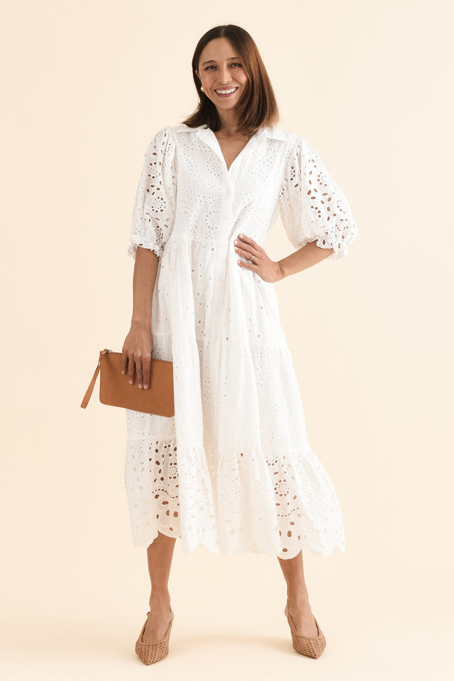 Donnie White Cotton Embroidered Dress,Front,Brunette model,alt text|model:Cara image 1