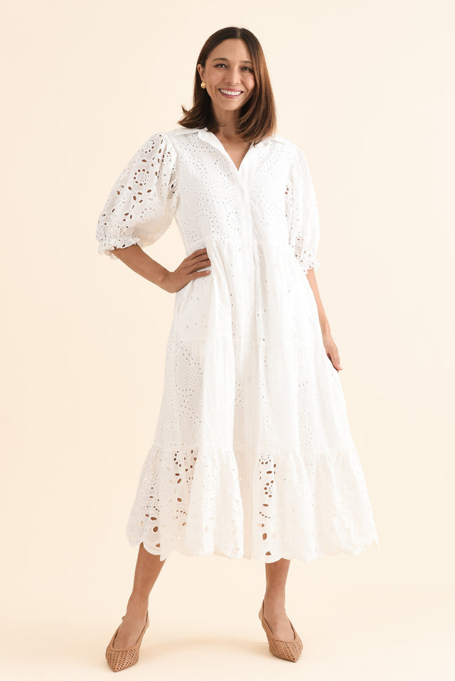 Donnie White Cotton Embroidered Dress,Full Body,Brunette model,alt text|model:Cara image 6
