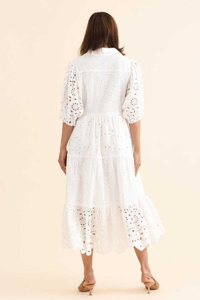 Donnie White Cotton Embroidered Dress,Back,Brunette model,alt text|model:Cara image 4