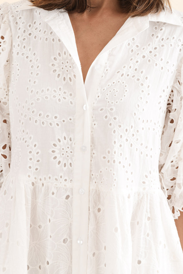 Donnie White Cotton Embroidered Dress,Detail,Brunette model,alt text|model:Cara image 5