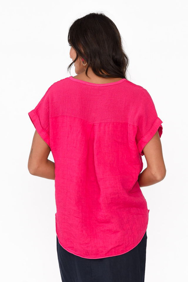 Dorian Hot Pink Linen Cotton Top,Brunette model,alt text|model:Brontie image 6