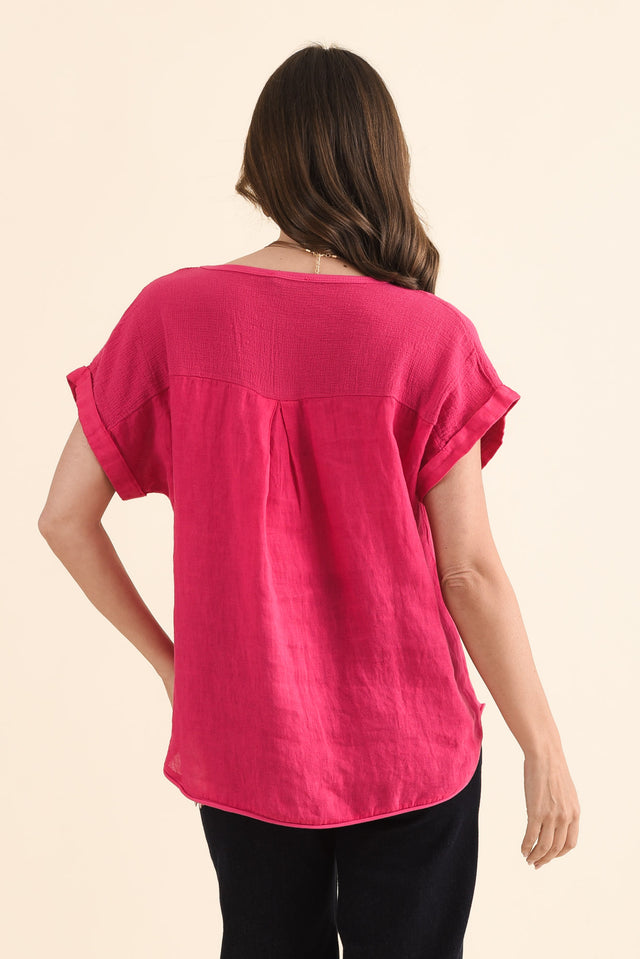 Dorian Hot Pink Linen Cotton Top,Back,Brunette model,alt text|model:MJ image 5