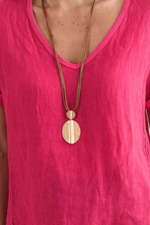 Dorian Hot Pink Linen Cotton Top,Detail,Brunette model,alt text|model:MJ image 6