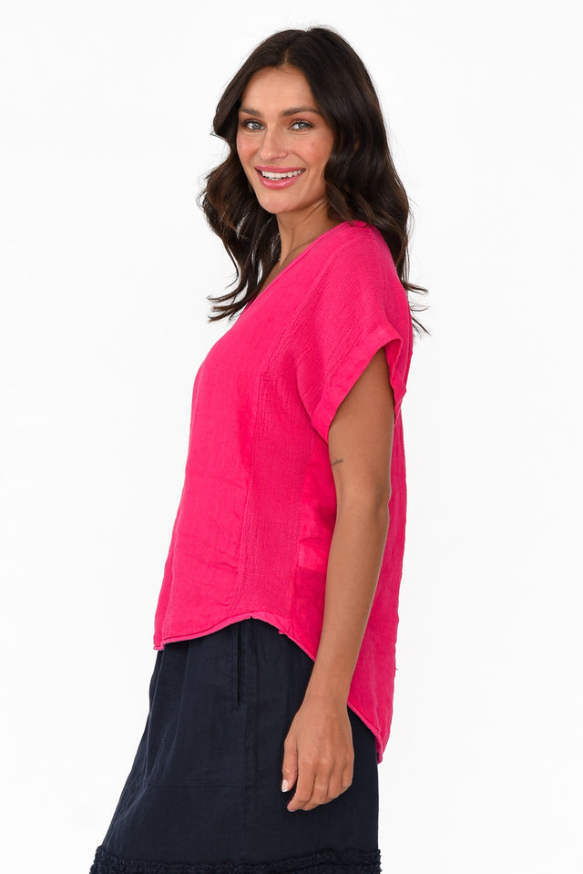 Dorian Hot Pink Linen Cotton Top,Brunette model,alt text|model:Brontie image 5