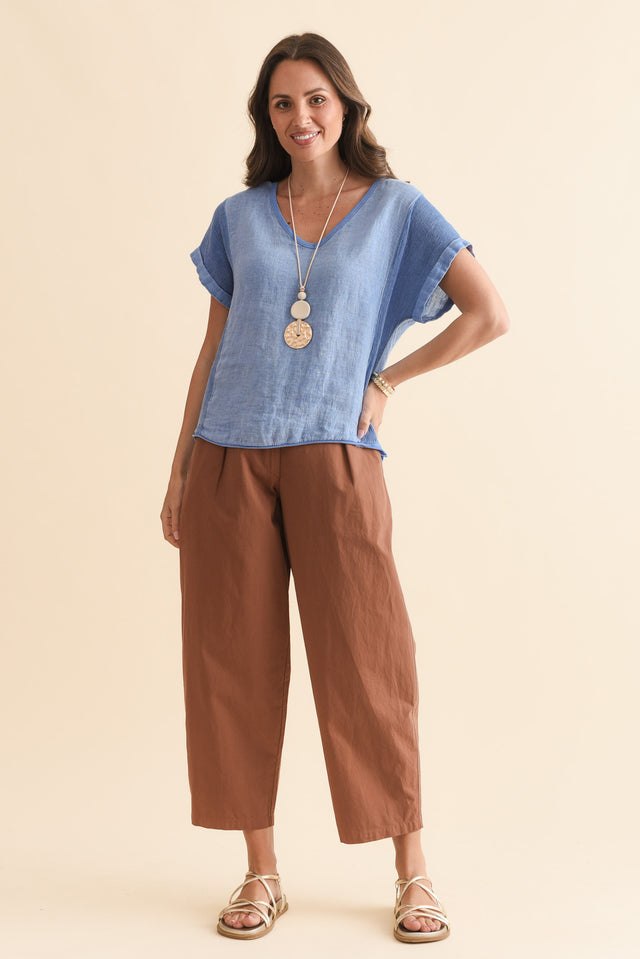 Dorian Steel Linen Cotton Top,Full Body,Brunette model,alt text|model:MJ