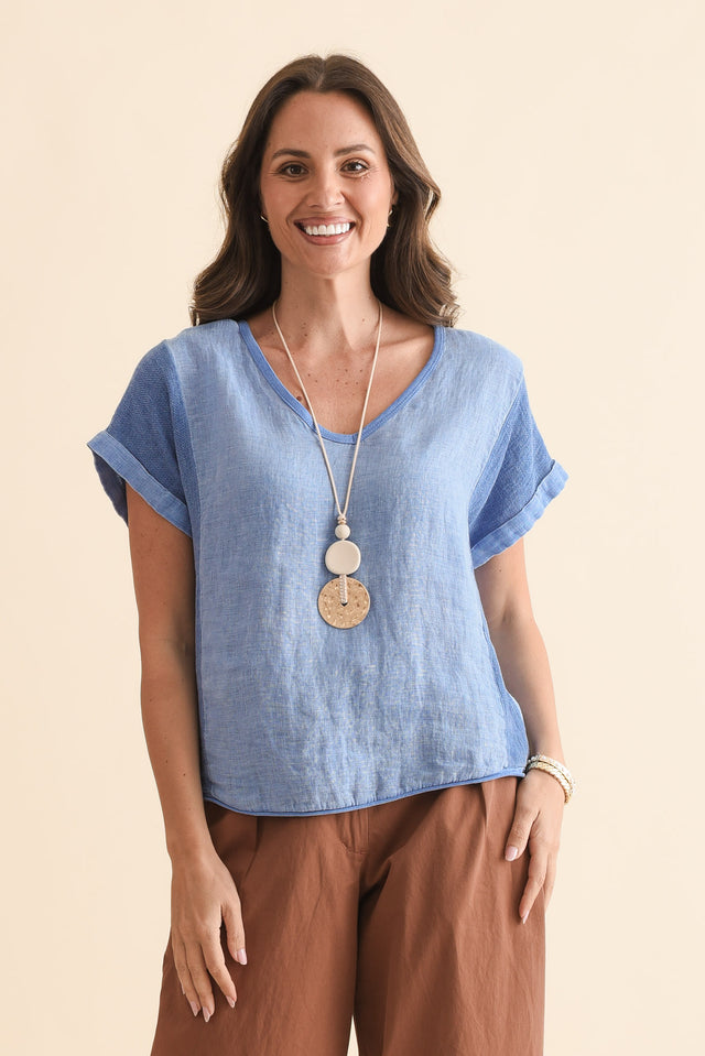 Dorian Steel Linen Cotton Top,Front,Brunette model,alt text|model:MJ