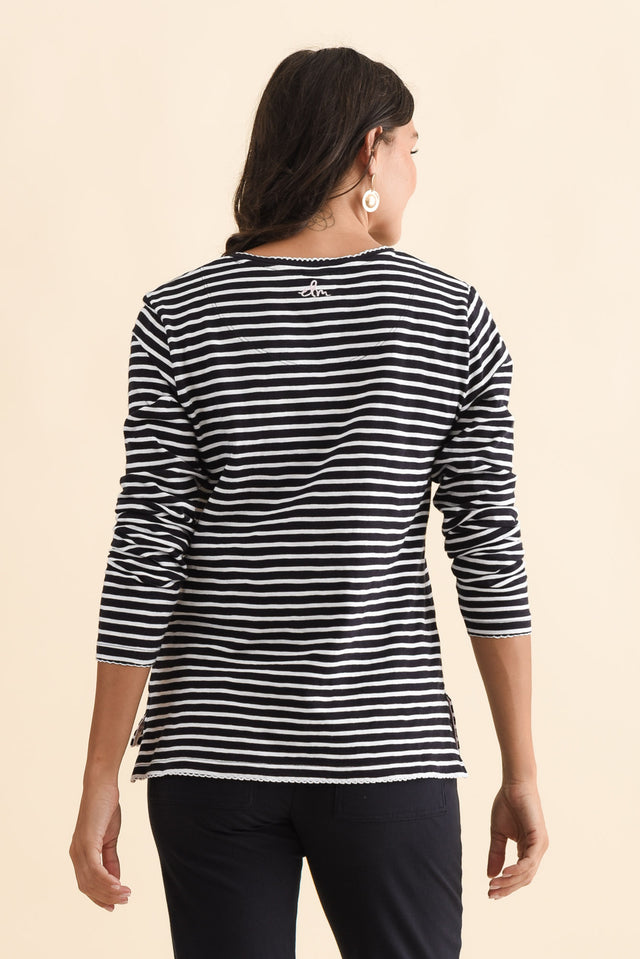 Drea Navy Stripe Cotton Long Sleeve Tee,Brunette model,alt text|model:Brontie image 5