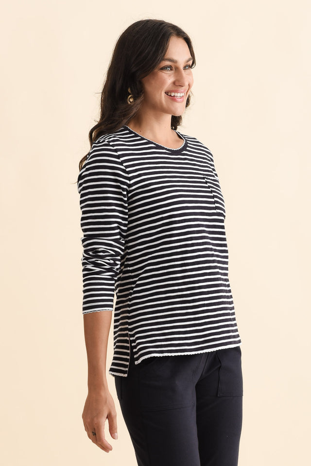Drea Navy Stripe Cotton Long Sleeve Tee,Brunette model,alt text|model:Brontie image 4