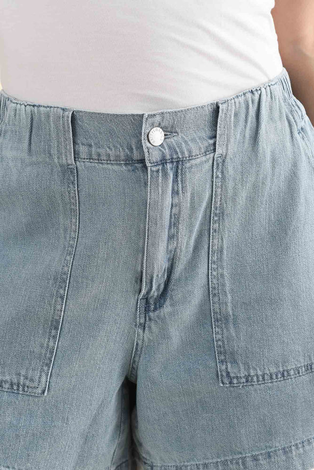 Drew Blue Denim Shorts,Detail,Brunette model,alt text|model:MJ image 5