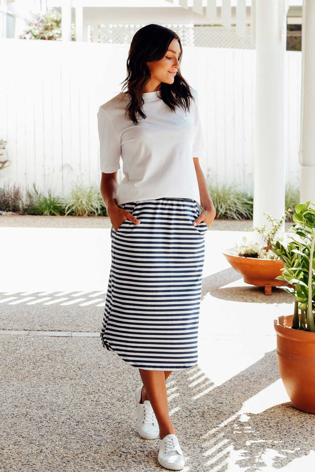 Evie Navy Stripe Cotton Blend Skirt image 2