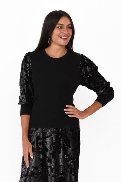 Elena Black Sequin Knit Top