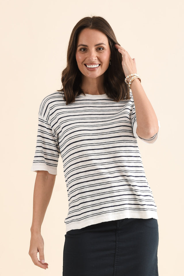 Eleni Navy Stripe Knit Tee,Front,Brunette model,alt text|model:MJ image 1