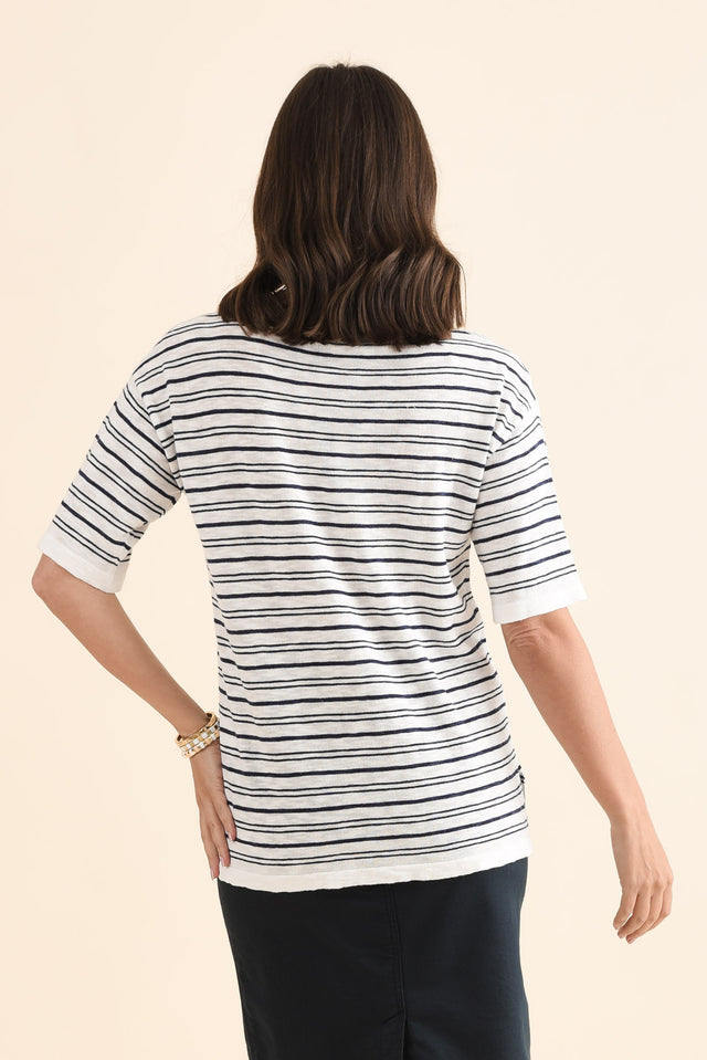 Eleni Navy Stripe Knit Tee,Back,Brunette model,alt text|model:MJ image 4