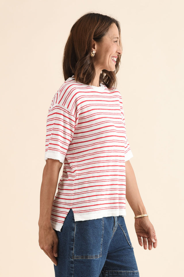 Eleni Red Stripe Knit Tee,Side,Brunette model,alt text|model:Cara image 3