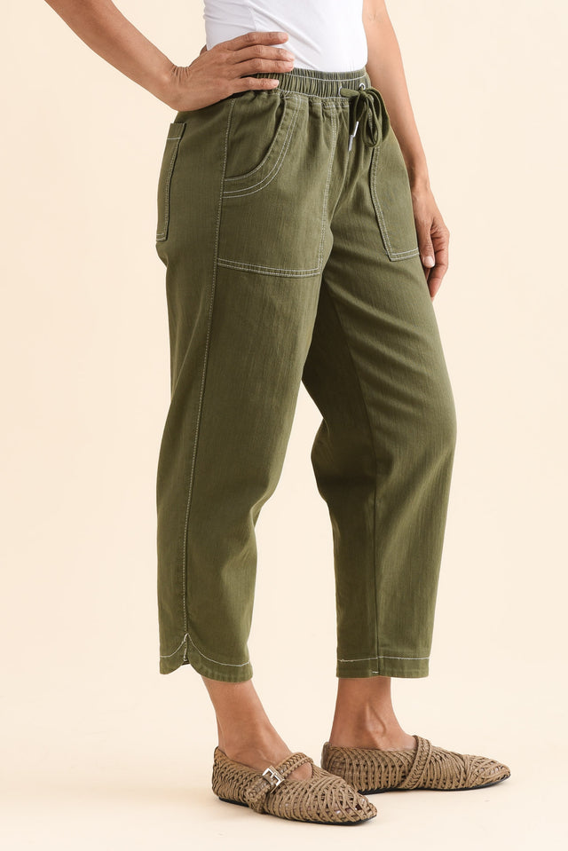 Eliana Olive Cotton Stretch Jeans,Full Body,Brunette model,alt text|model:Cara image 4