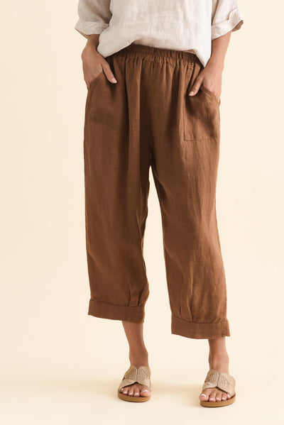 Elide Chocolate Linen Cropped Pants
