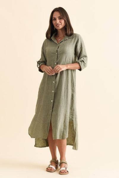 Elin Khaki Linen Shirt Dress