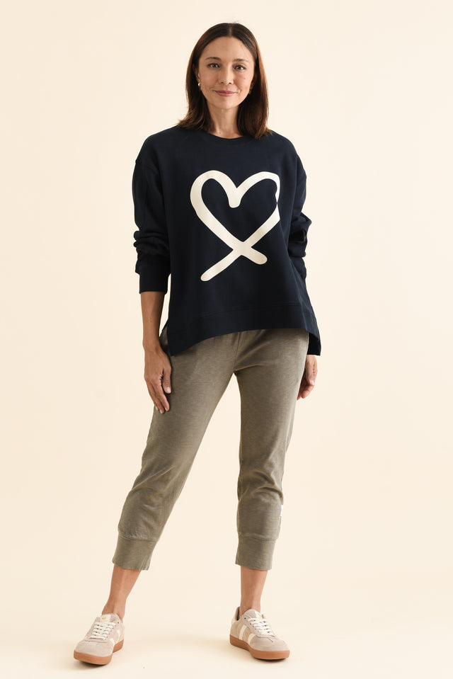 Elin Navy Heart Cotton Sweatshirt,brunette model,Full Outfit,alt text|model:Cara image 2