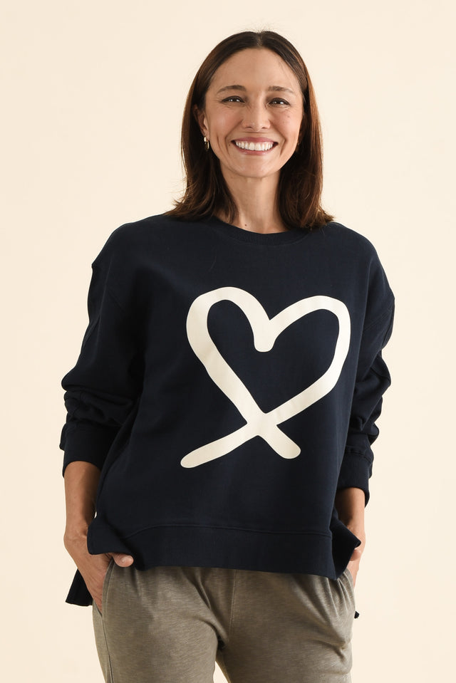 Elin Navy Heart Cotton Sweatshirt,brunette model,Front of Outfit,alt text|model:Cara image 1