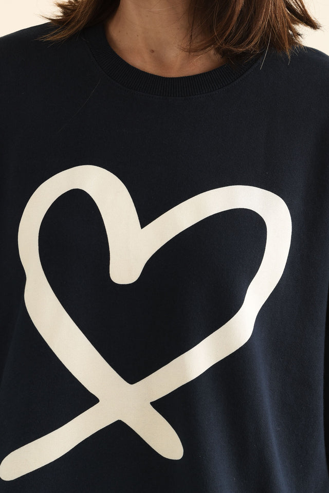 Elin Navy Heart Cotton Sweatshirt,brunette model,Close up of outfit,alt text|model:Cara image 5