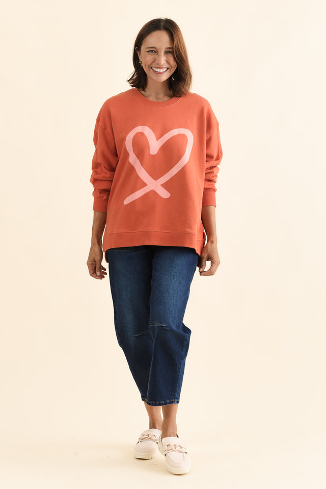 Elin Orange Heart Cotton Sweatshirt,Full Body,Brunette model,alt text|model:Cara
