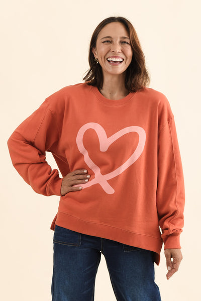 Elin Orange Heart Cotton Sweatshirt
