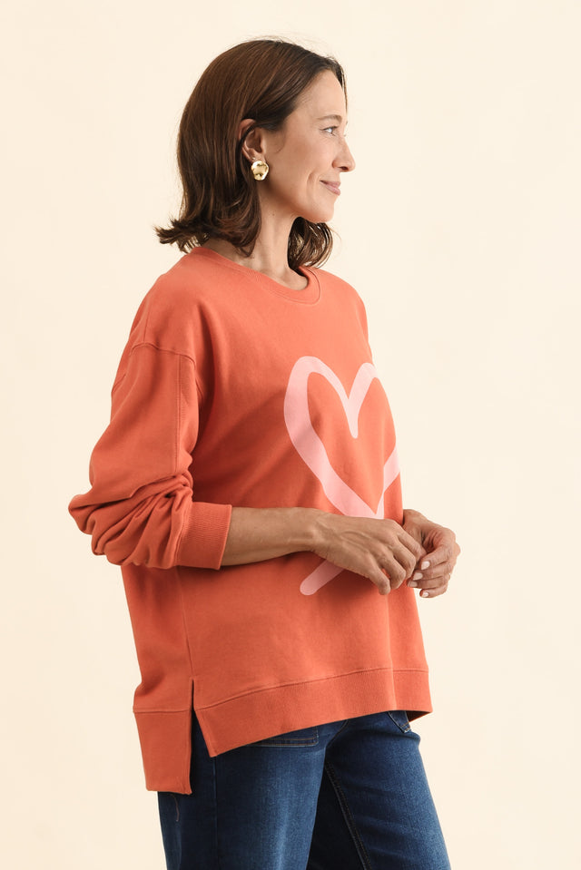 Elin Orange Heart Cotton Sweatshirt,Side,Brunette model,alt text|model:Cara image 3