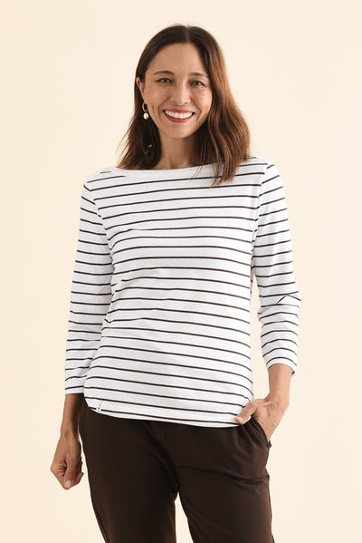 Eliza Chocolate Stripe Cotton Boatneck Tee