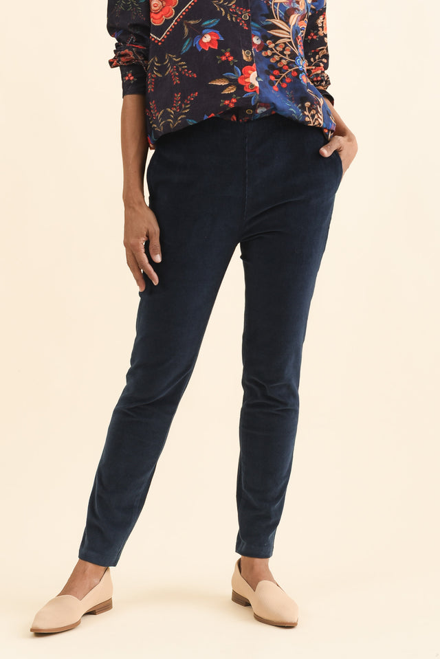 Elle Navy Corduroy Pants,Brunette model,alt text|model:Cara image 1