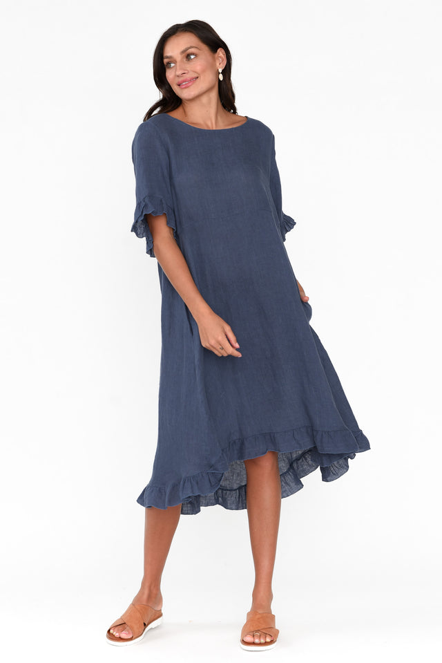 Elodie Washed Navy Linen Frill Dress