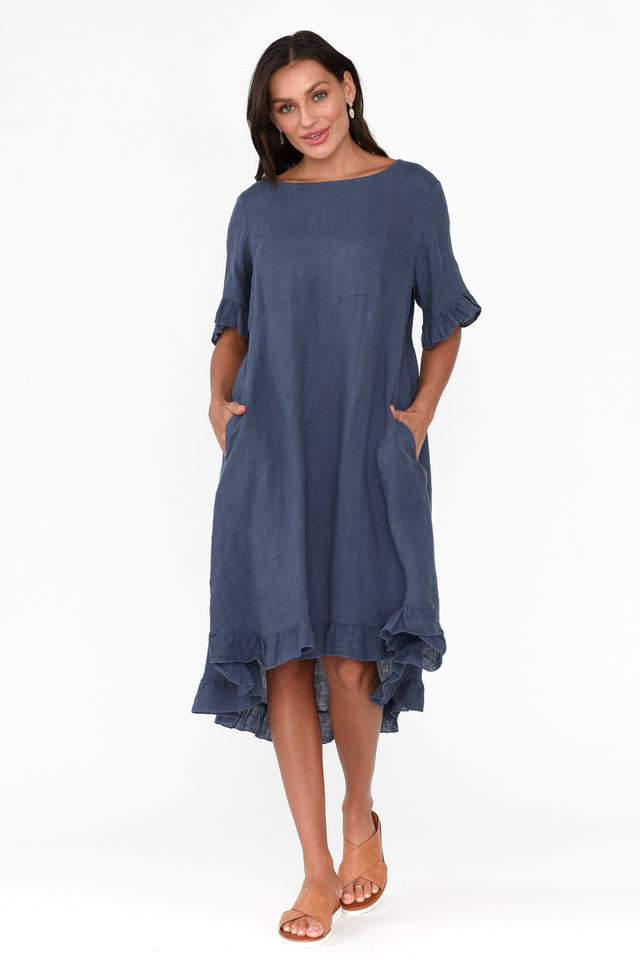 Elodie Washed Navy Linen Frill Dress