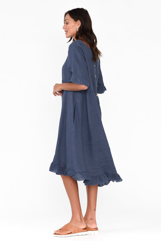 Elodie Washed Navy Linen Frill Dress