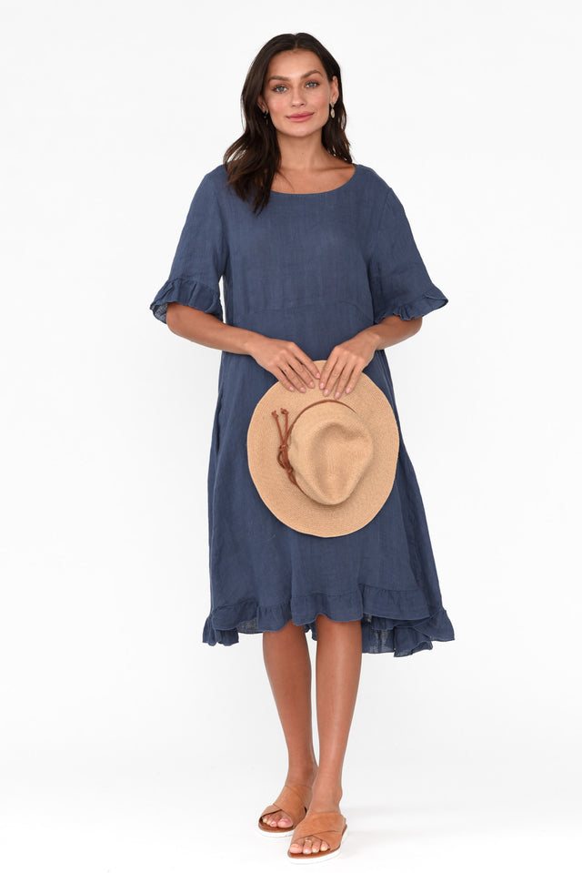 Elodie Washed Navy Linen Frill Dress