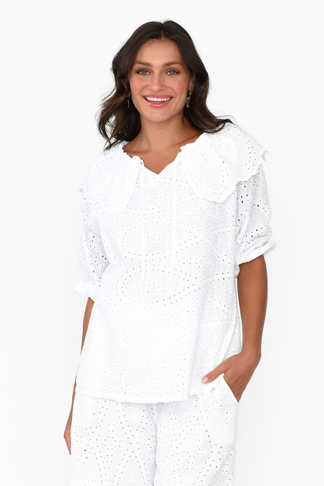 Elowen White Embroidered Cotton Top neckline_V Neck  alt text|model:Brontie;wearing:S image 1