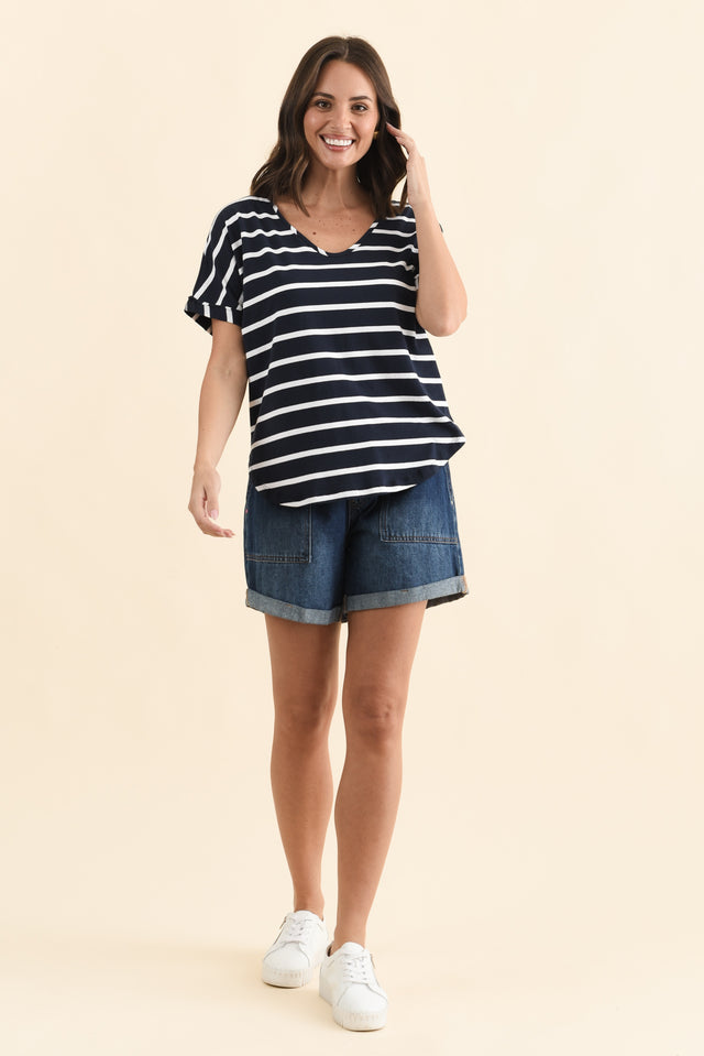 Toronto Navy Stripe Cotton Tee,Brunette model,alt text|model:MJ image 7