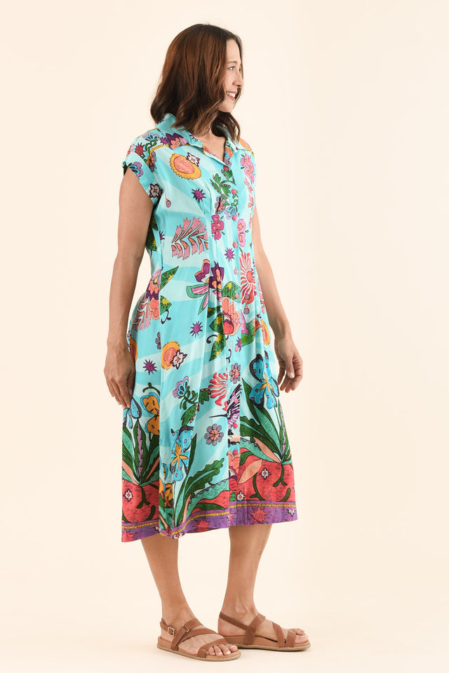 Emoha Blue Floral Tie Dress,Side,Brunette model,alt text|model:Cara image 3