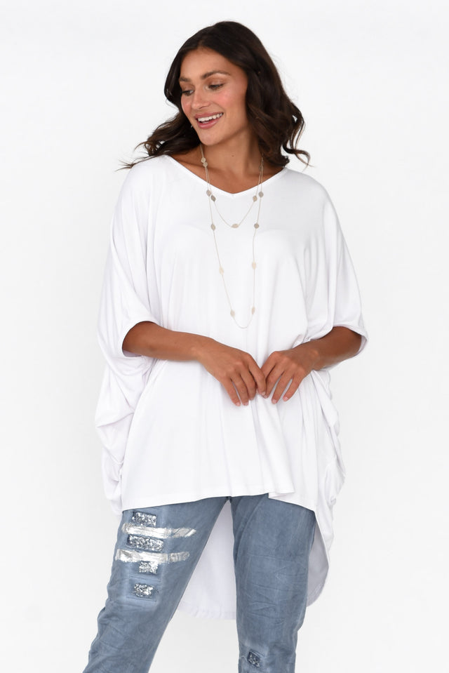 Emory White Bamboo Batwing Top neckline_V Neck  alt text|model:MJ;wearing:One Size
