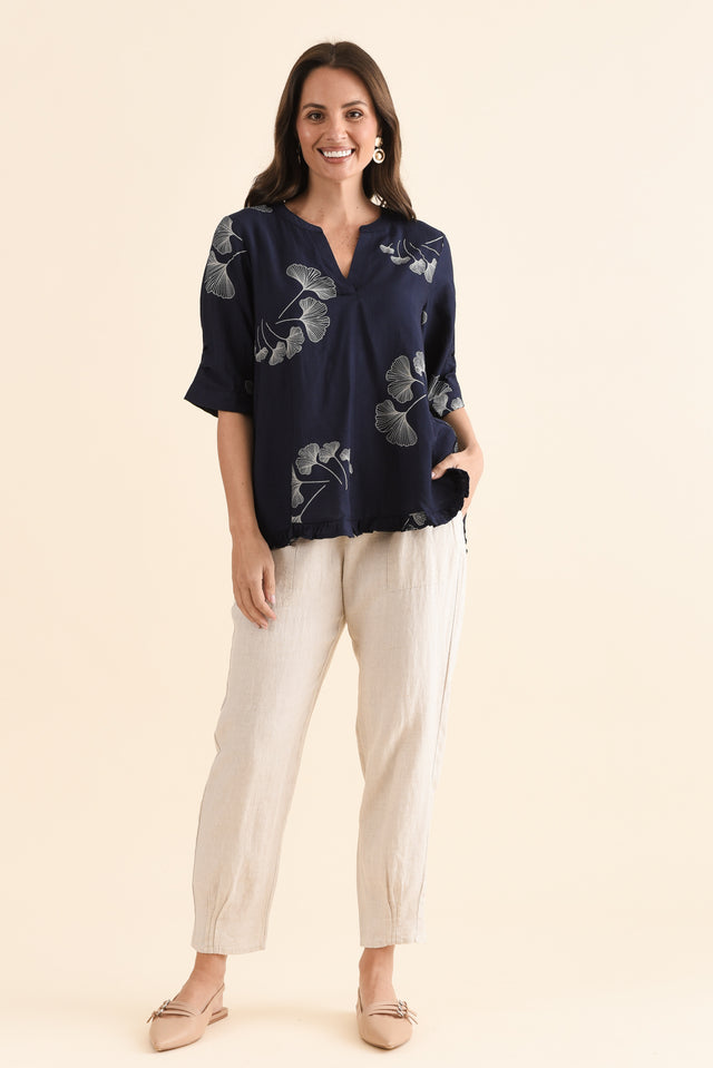 Ennis Navy Floral Frill Top,Full Body,Brunette model,alt text|model:MJ image 2