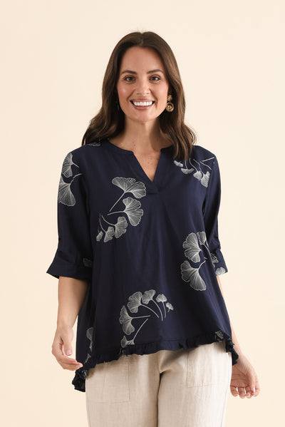Ennis Navy Floral Frill Top
