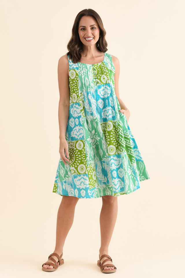 Enya Aqua Heritage Cotton Dress,Full Body,Brunette model,alt text|model:MJ image 6