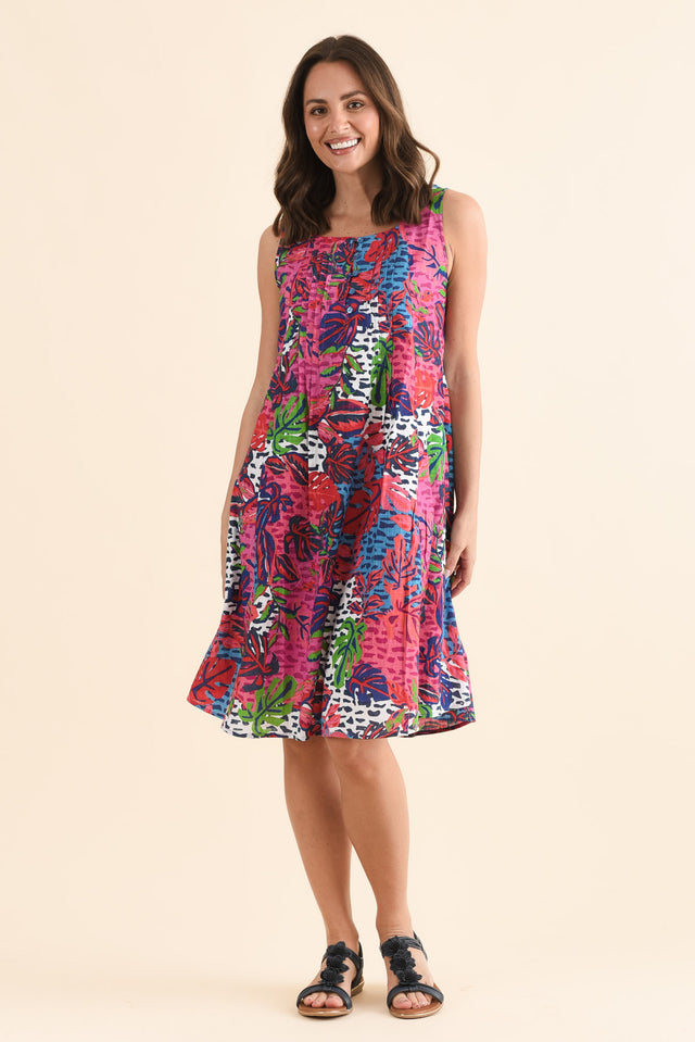 Enya Purple Leaf Cotton Dress,Full Body,Brunette model,alt text|model:MJ