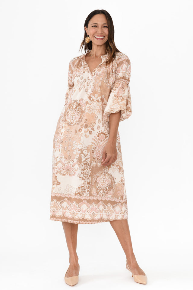 Erica Natural Abstract Cotton Tie Dress,Brunette model,alt text|model:Cara image 7