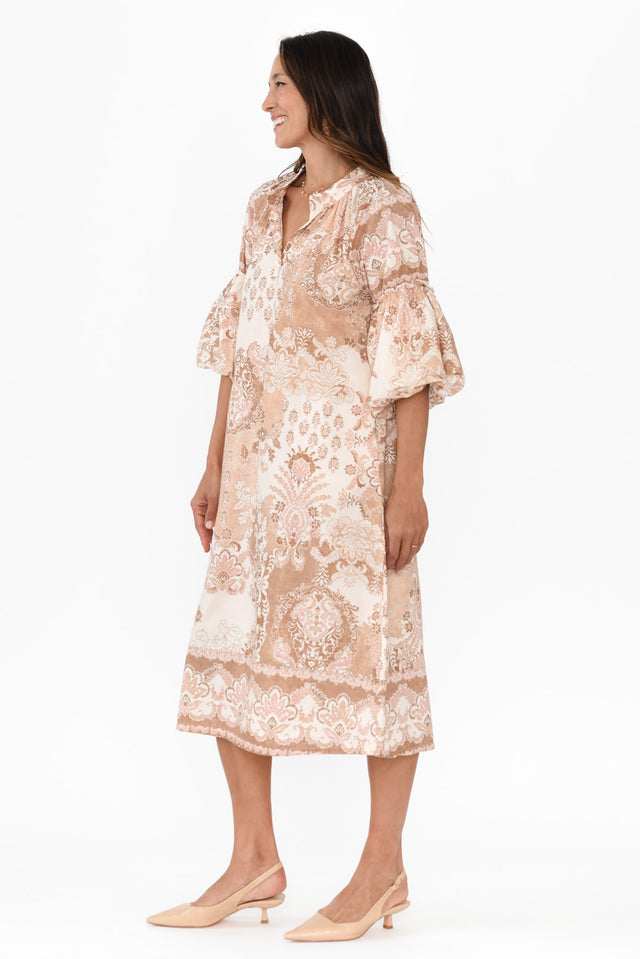 Erica Natural Abstract Cotton Tie Dress,Brunette model,alt text|model:Cara image 4
