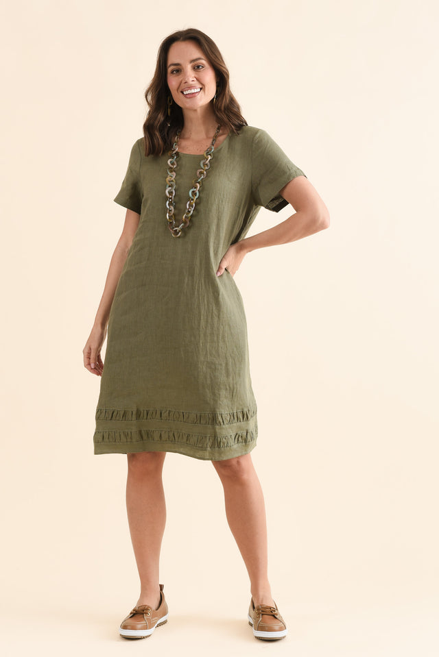 Erikson Olive Linen Pocket Dress,Front,Brunette model,alt text|model:MJ image 1