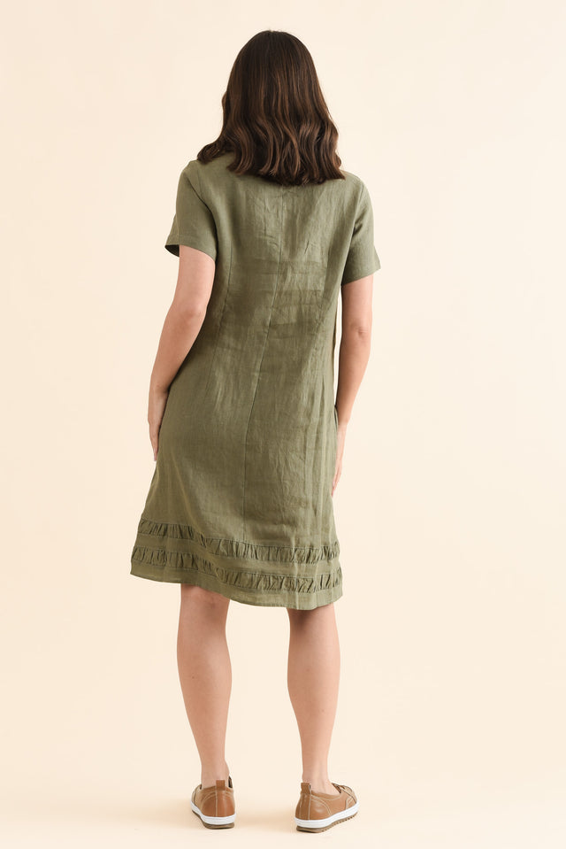Erikson Olive Linen Pocket Dress,Back,Brunette model,alt text|model:MJ image 4