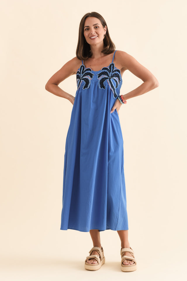 Essen Cobalt Cotton Poplin Embroidered Dress,Brunette model,alt text|model:MJ image 8